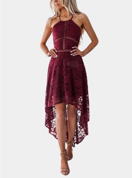 Burgundy Hollow Design Halter Irregular Hem Dress