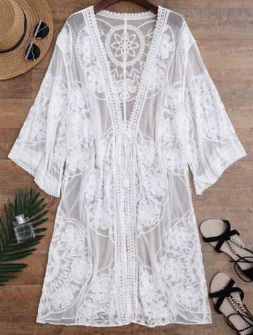 Sheer Lace Tie Front Kimono Cover Up - White