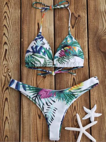 Tropical Palm Print Thong Bikini Set - White M