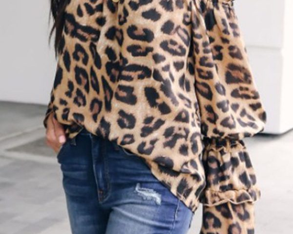 Leopard Printed Off Shoulder Flare Long Sleeve Sexy Blouses
