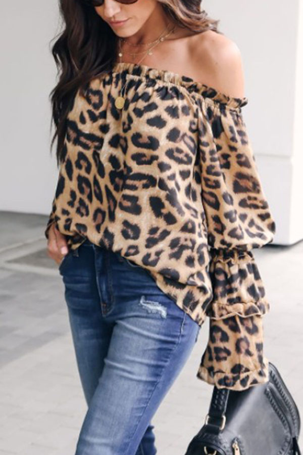 Leopard Printed Off Shoulder Flare Long Sleeve Sexy Blouses