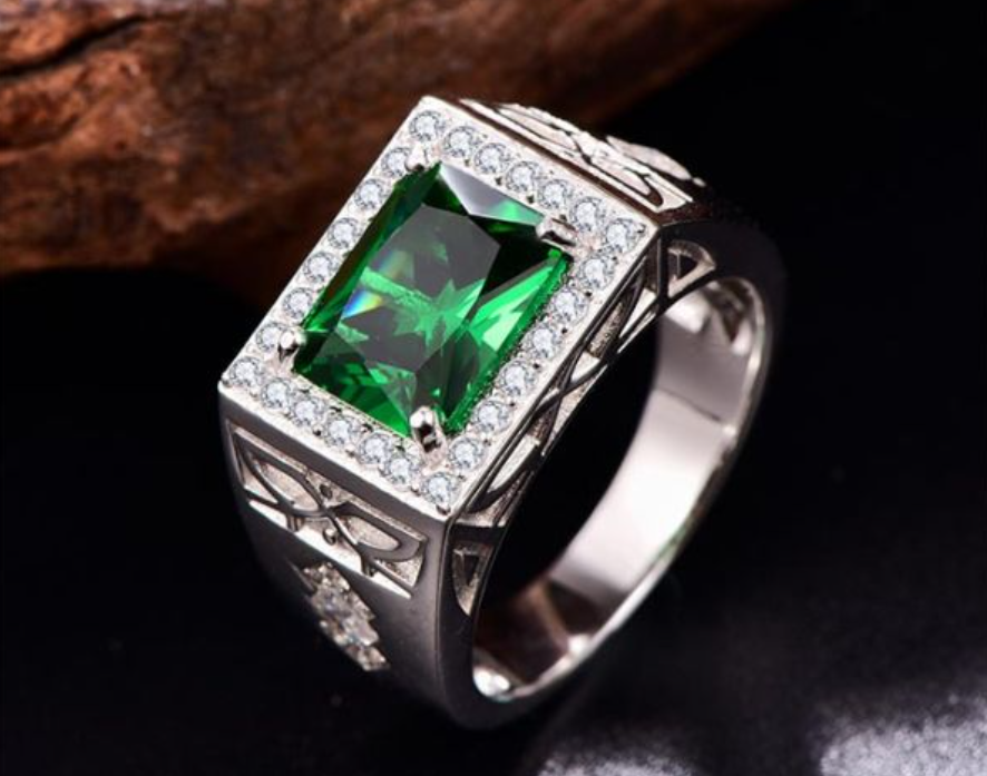 Wholesale 12mm 925 Silver Men Engagement Ring inlay Emerald