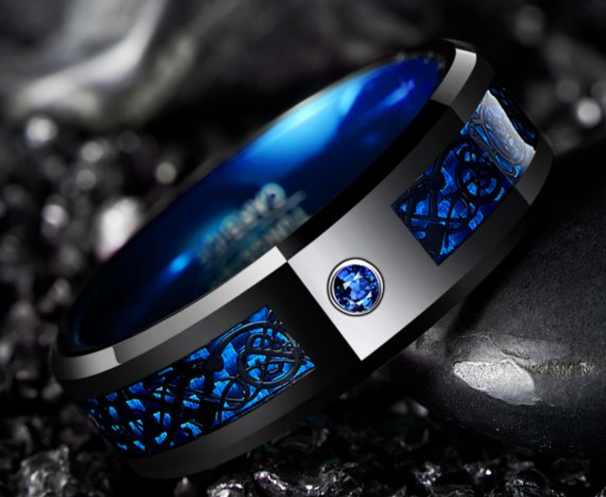 Blue Tungsten Carbide Rings Black Celtic Dragon Inlay